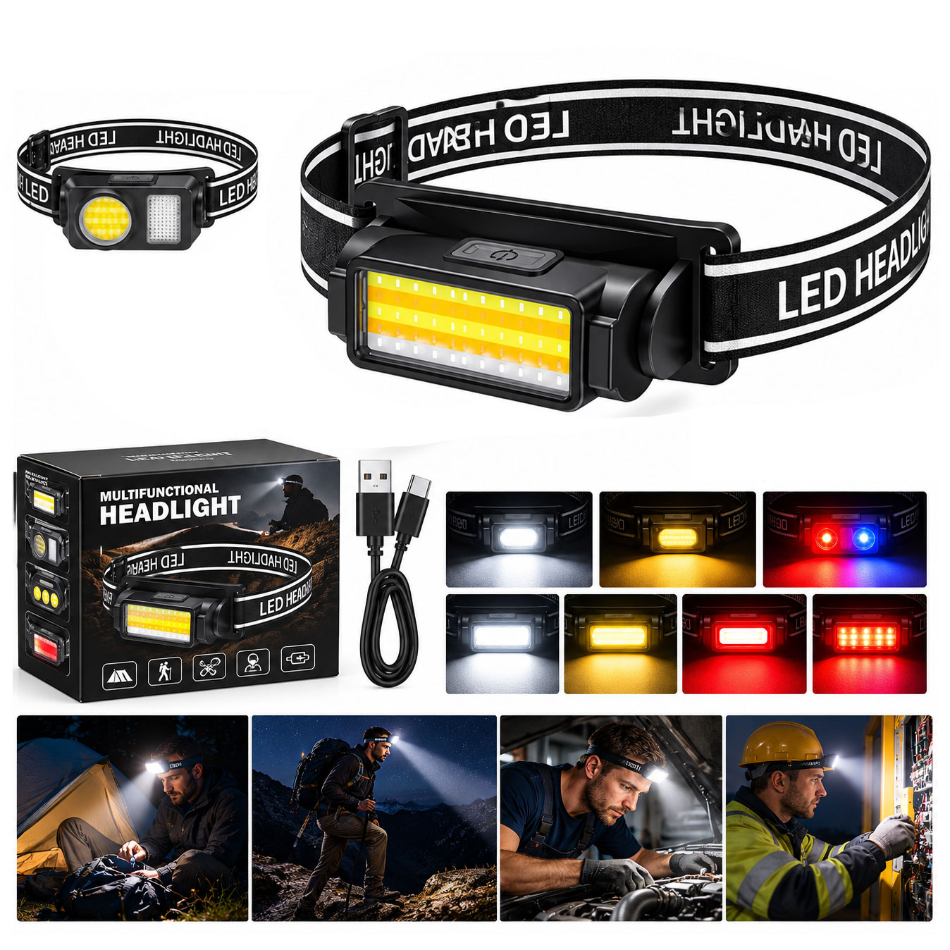 Lampe Frontale LED Rechargeable USB avec Inclinaison et Bandeau Réglables - مصباح رأس قابل للشحن بقوة 1000 لومن