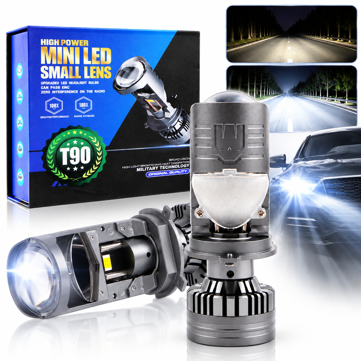 Mini Loupe Laser T90 H4 140W et Phares LED 6000K - كشافات ليد للسيارات بقوة 140 واط وإضاءة بيضاء 6000 كلفن