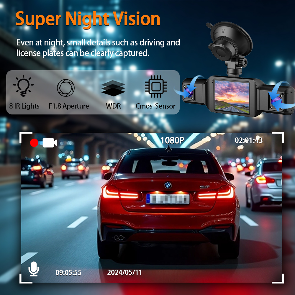 Caméra de Tableau de Bord Triple 3 Canaux et Dashcam Grand Angle - كاميرا سيارة داش كام ثلاثية العدسات للمراقبة الشاملة