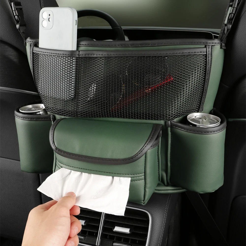 Sac de rangement en cuir pour siège de voiture, cintre central, sac à main automatique, support entre les sièges, poches pour gobelets à eau en tissu, évaluation de rangement
