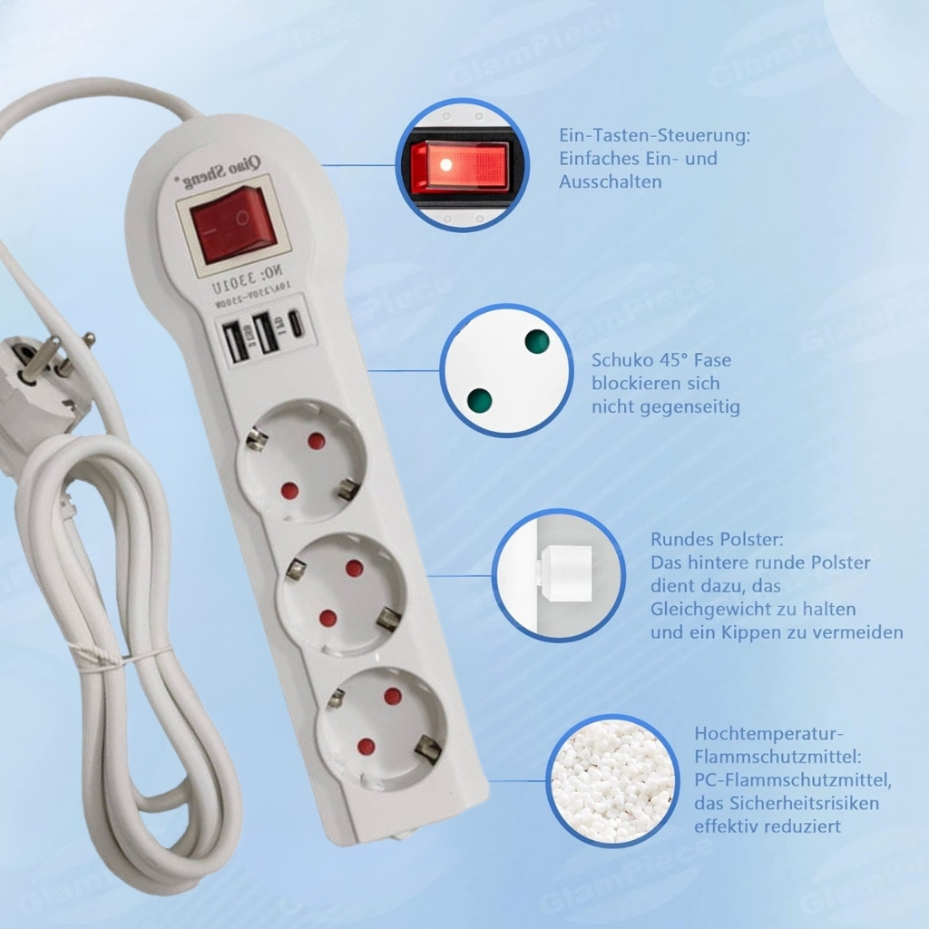 Multiprise 3 prises et Type C avec 2 USB 2 m Blanc 3301U - Électronique - صورة 3