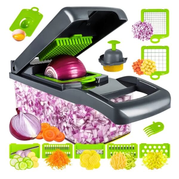 Hachoir à légumes multifonctionnel 14in1 , trancheur, mandoline, hachoir à oignons pour oignon, pomme de terre, tomate, concombre, carotte