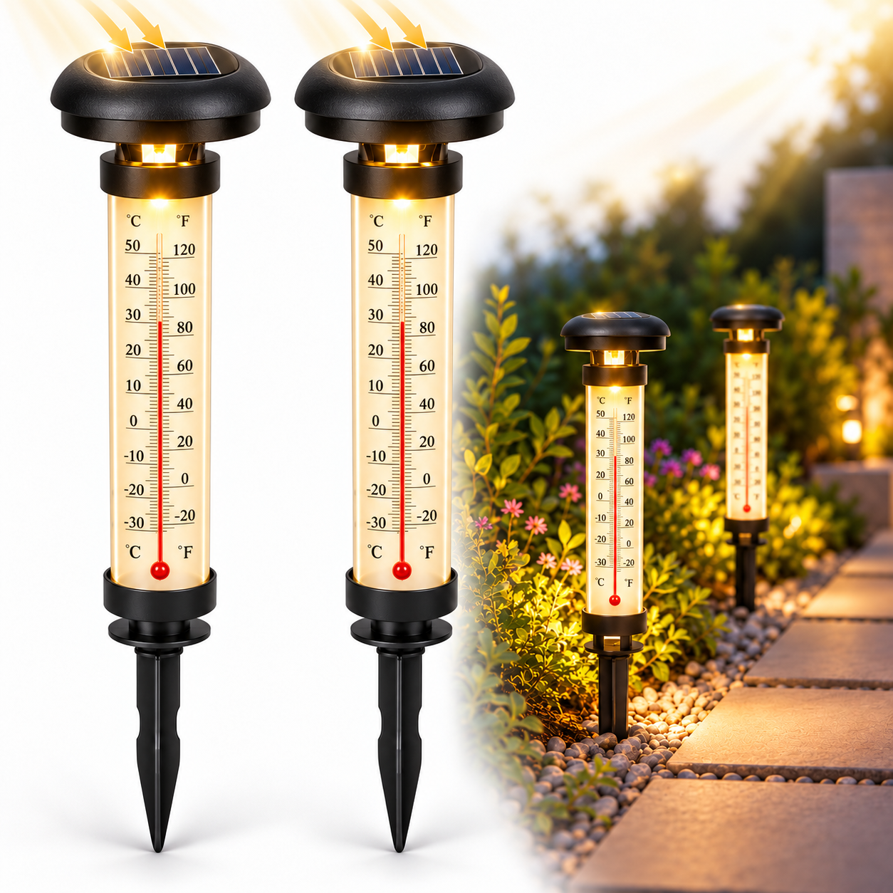 Lampe Solaire de Jardin avec Thermomètre Extérieur 2 Pièces - مصباح حديقة شمسي مع مقياس درجة الحرارة قطعتان