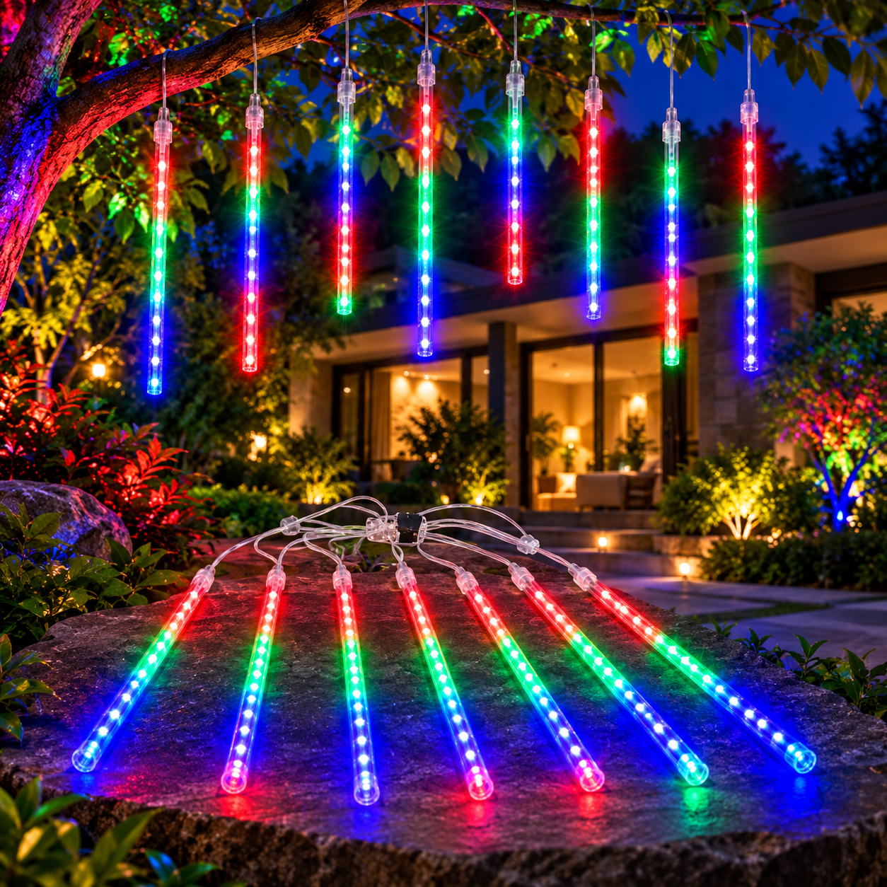 Lumière de Pluie de Météores LED RGB 8 Pièces pour Extérieur - أضواء شهب متساقطة ملونة لتزيين الحدائق والواجهات 8 قطع
