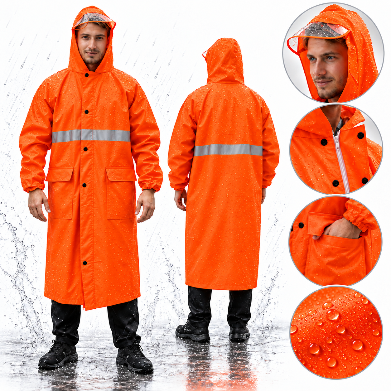 Imperméable Long Orange avec Capuche Transparente et Bandes Réfléchissantes - معطف مطر طويل بقبعة شفافة وعواكس ضوئية