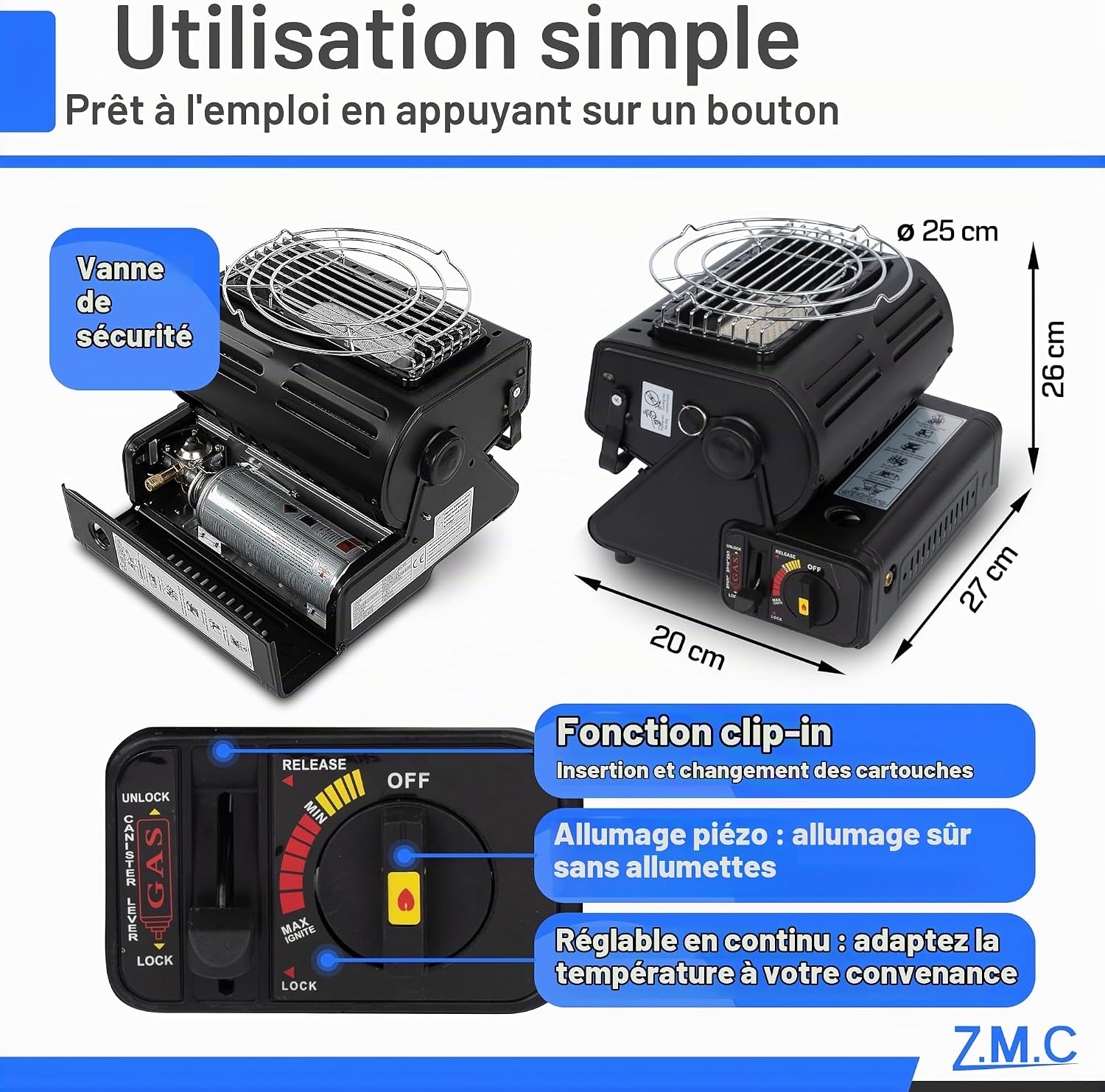 Chauffage à Gaz Portable 2 en 1 avec Allumage Piézo - مدفأة غاز محمولة 2 في 1 للتدفئة وتسخين الطعام - Camping et Randonnée - صورة 7