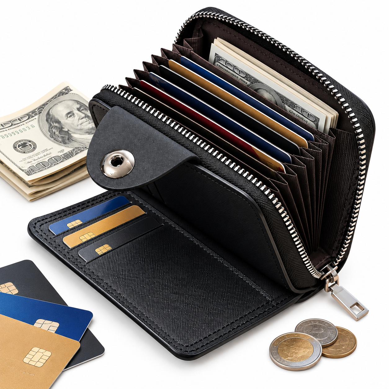 Portefeuille Porte-Cartes Sécurisé Zippé en Simili Cuir Bovi - محفظة وحاملة بطاقات جلدية متعددة الجيوب بسحاب