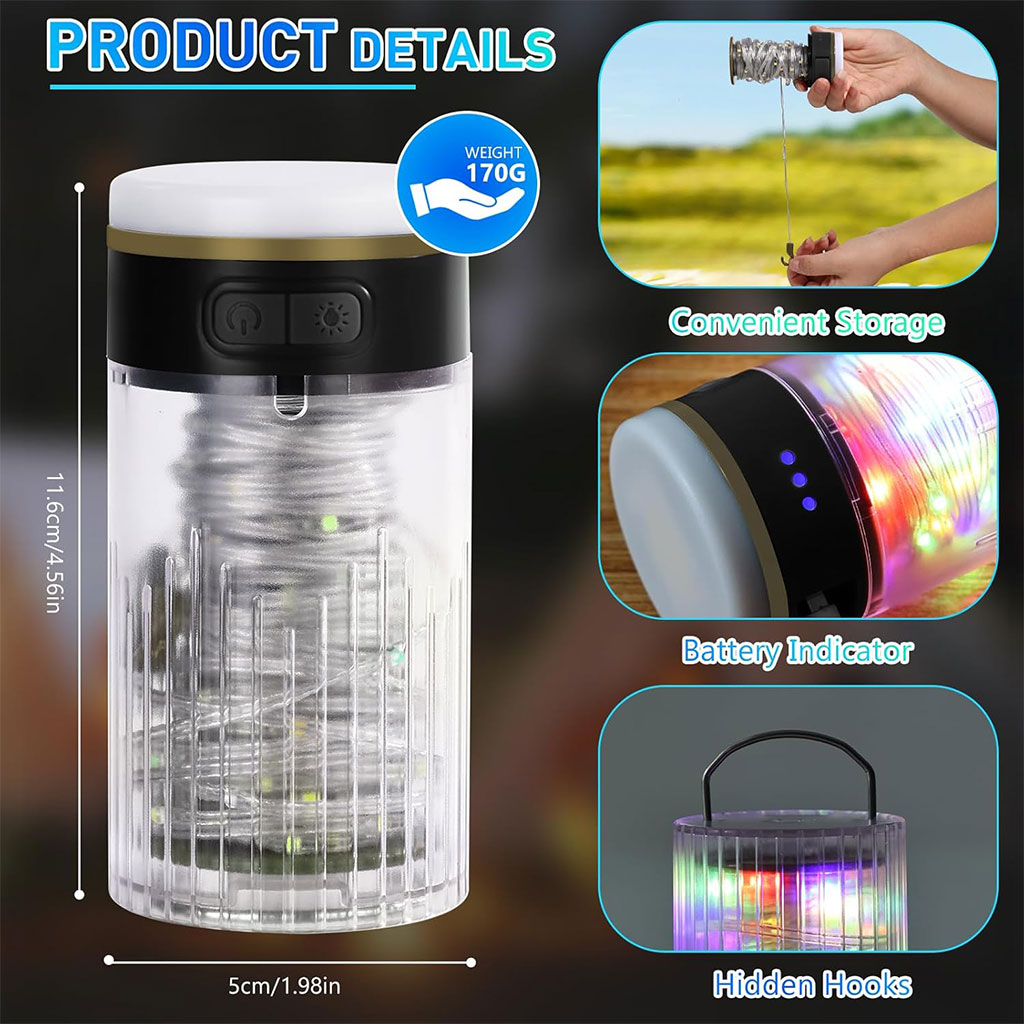 Lampe de Camping Enroulable avec Guirlande Lumineuse 10m – مصباح تخييم محمول وقابل للشحن - Camping et Randonnée - صورة 7
