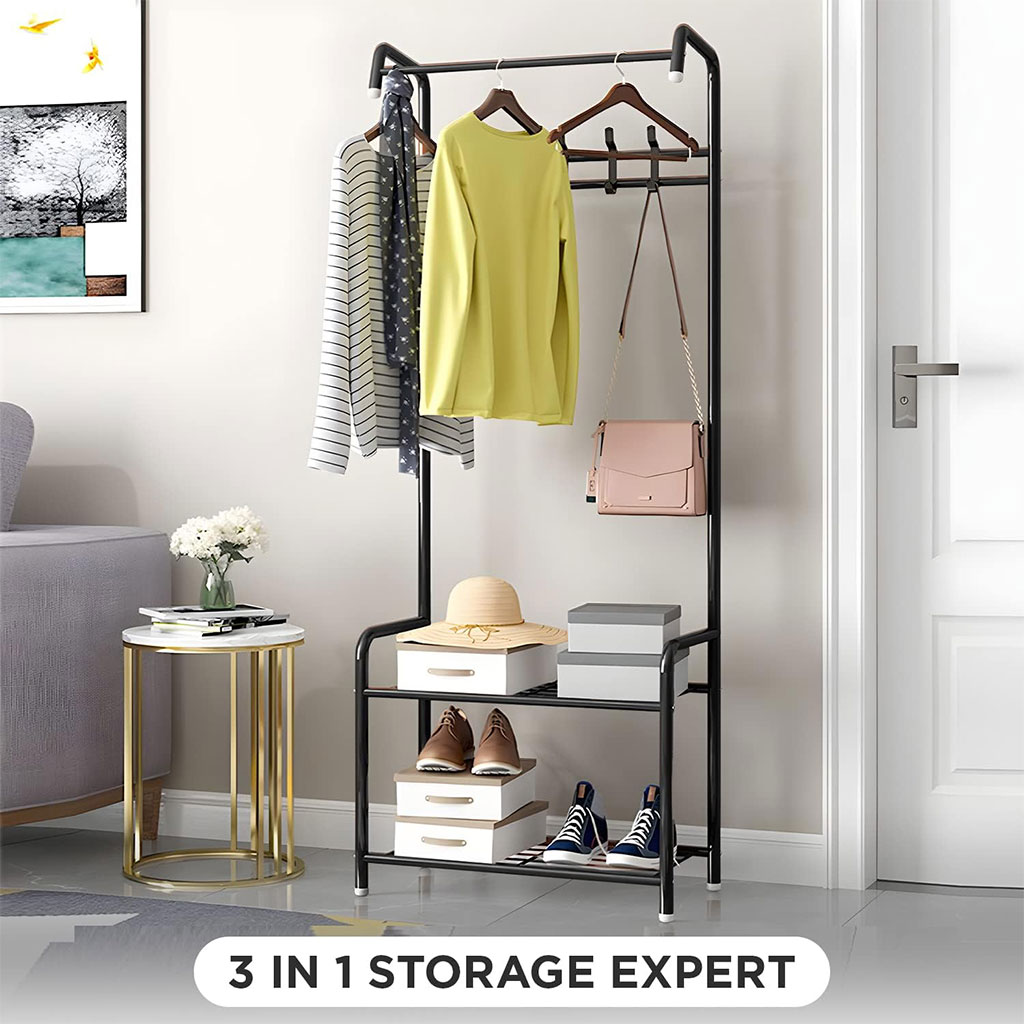 Porte Manteau et Organisateur de Chaussures en Métal avec Cintres – علاقة ملابس ومنظم أحذية 2في1 - Maison - صورة 5
