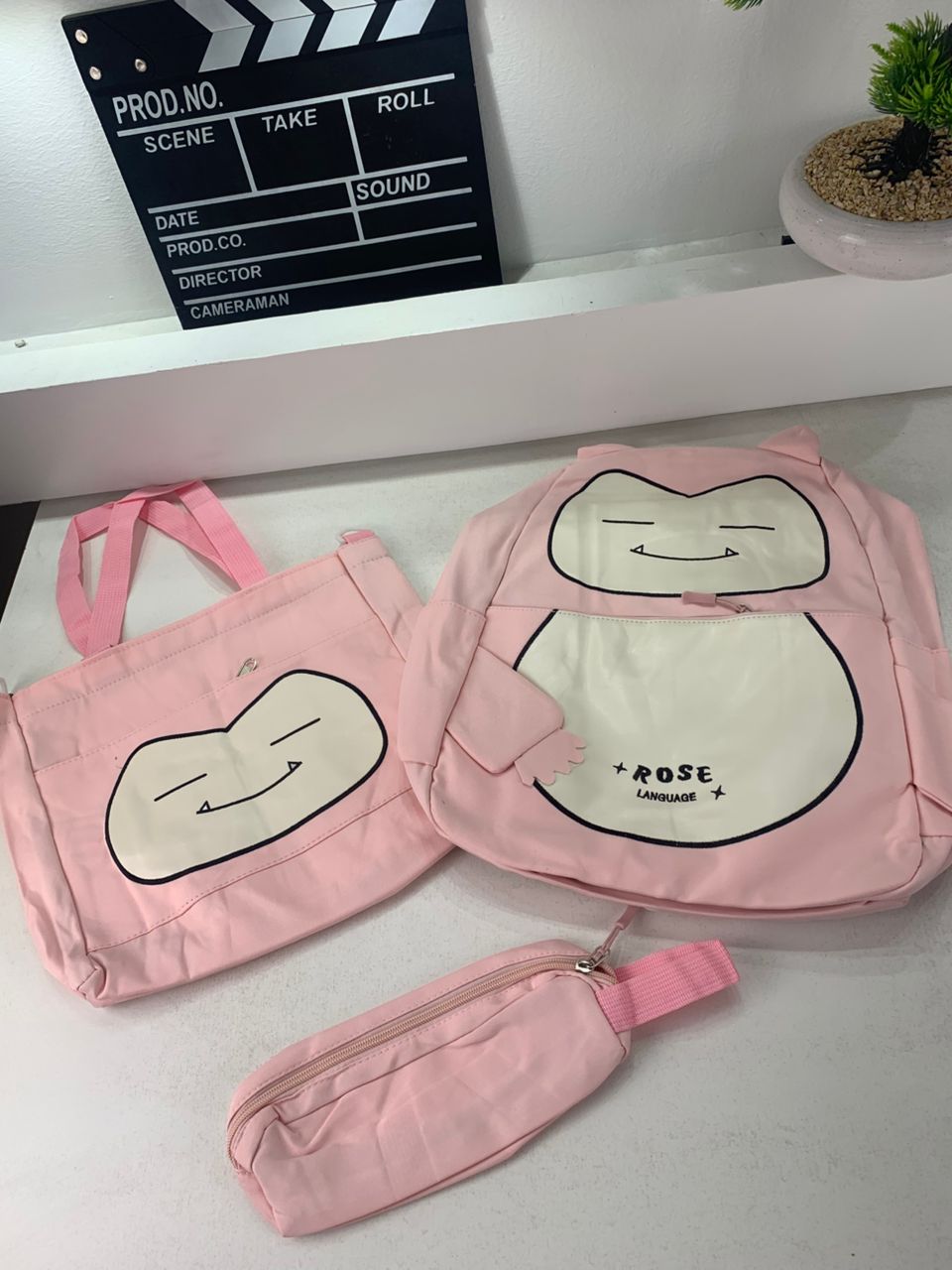Ensemble de Sacs Snorlax 3Pcs Design Kawaii Rose- حقيبة مدرسية 3 قطع لون وردي - Sac à dos et Mode - صورة حقيقية 7