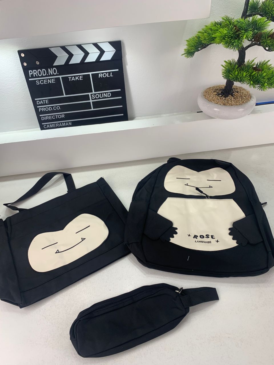 Ensemble de Sacs Snorlax 3Pcs Design Kawaii Noir – حقيبة مدرسية 3 قطع لون أسود - Sac à dos et Mode - صورة 5