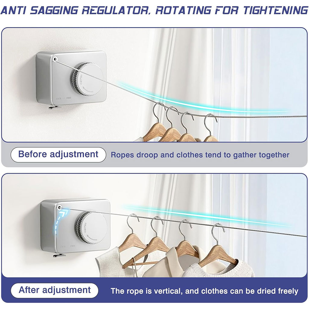 Corde à Linge Rétractable 5.1m en Acier Inoxydable Capacité 20KG – حبل غسيل قابل للسحب - Maison - صورة 4