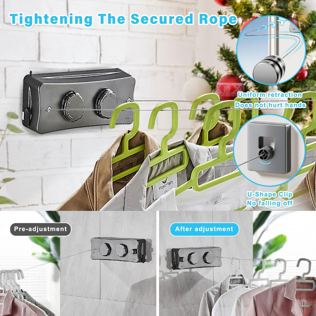 Double Corde à Linge Rétractable 2 x 5,1m en Acier Inoxydable Capacité 40KG – حبل غسيل مزدوج قابل للسحب - Maison - صورة 2