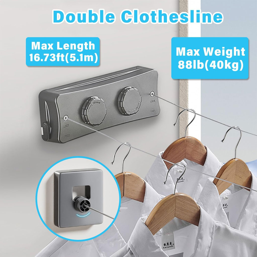Double Corde à Linge Rétractable 2 x 5,1m en Acier Inoxydable Capacité 40KG – حبل غسيل مزدوج قابل للسحب - Maison - صورة 3