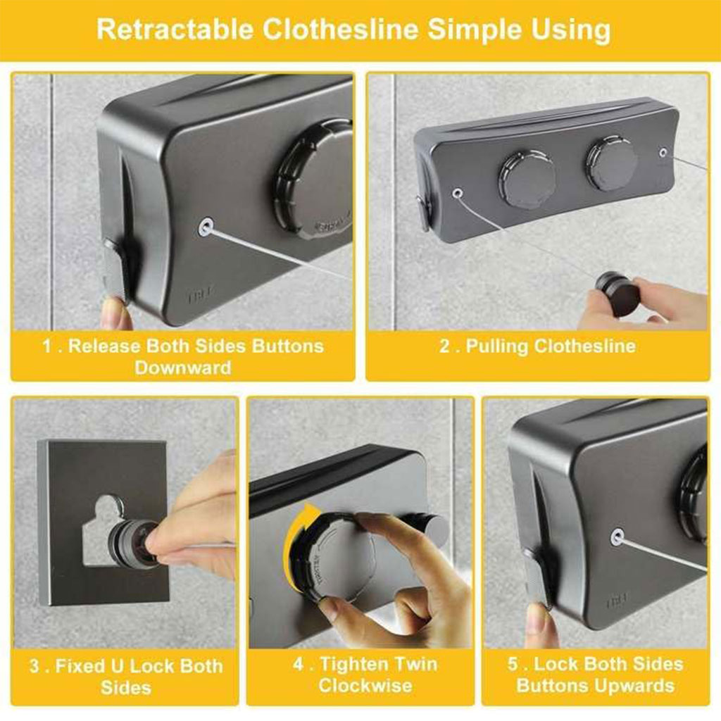 Double Corde à Linge Rétractable 2 x 5,1m en Acier Inoxydable Capacité 40KG – حبل غسيل مزدوج قابل للسحب - Maison - صورة 7