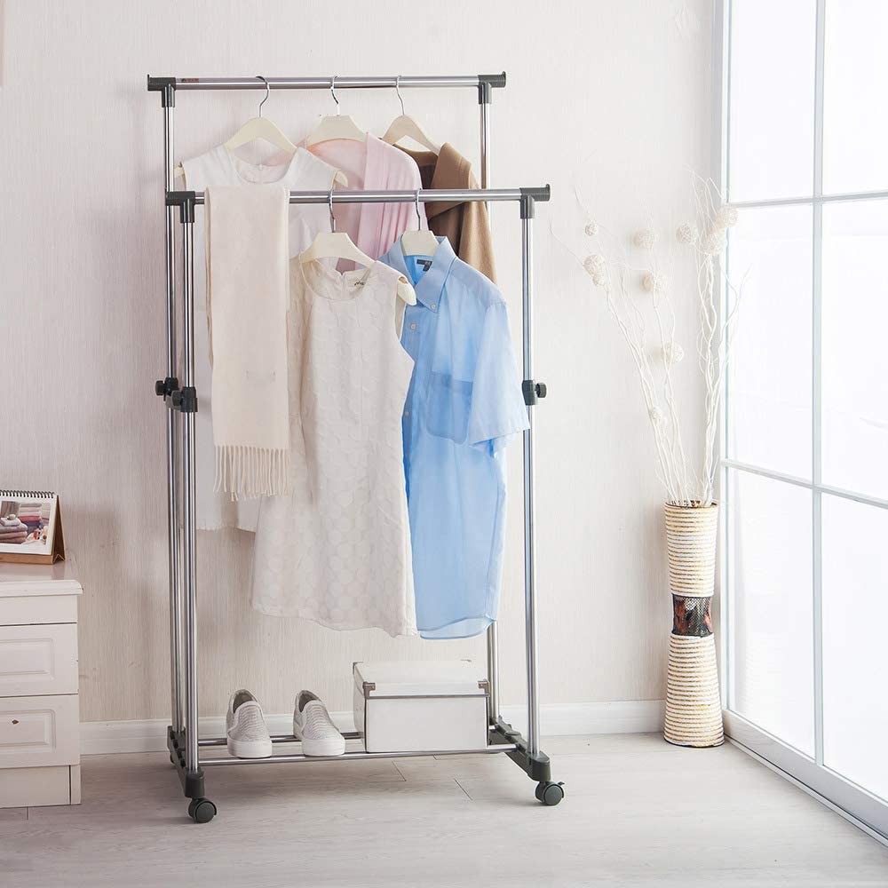 Penderie 2 Barre et porte-chaussures 2 en 1 en acier inoxydable - Maison - صورة 4