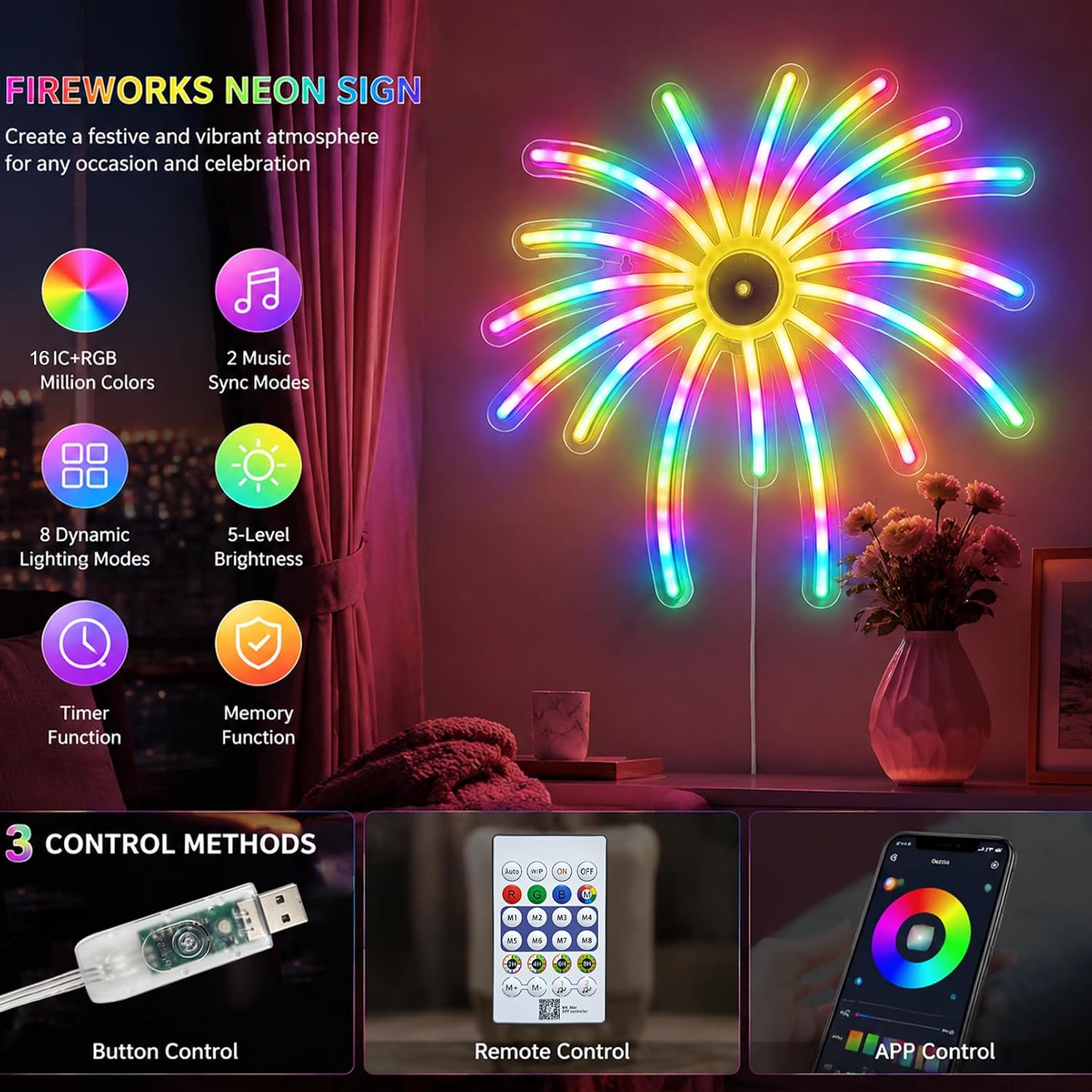 Décoration Murale Néon LED RGB Effet Feu d’Artifice —Contrôle par Application et Télécommande - لوحة نيون LED بألوان RGB تحكم بالتطبيق والريموت