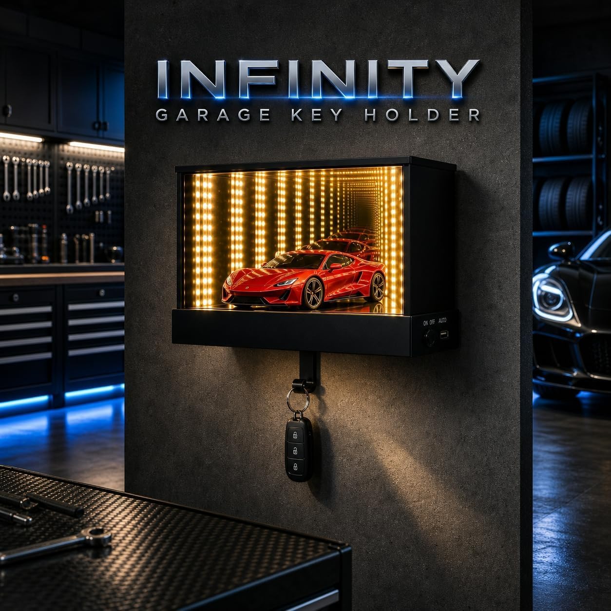 Infinity Mirror LED Garage avec Porte-Clés et Détecteur de Mouvement - صندوق مرآة لا نهائية بإضاءة وحامل مفاتيح ذكي (بدون سيارة) - Décoration - صورة 7