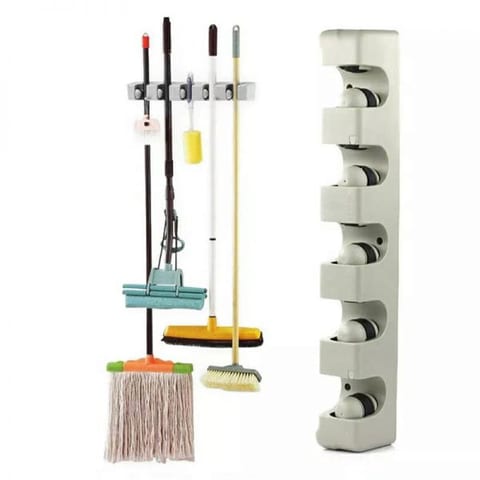 Porte-balai mural à 5 positions et 6 crochets, cintre de rangement pour étagère de cuisine
