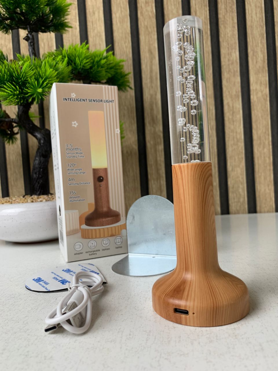 Applique murale rechargeable en bois avec détecteur de mouvement effet glow – مصباح جداري محمول - Maison - صورة حقيقية 8