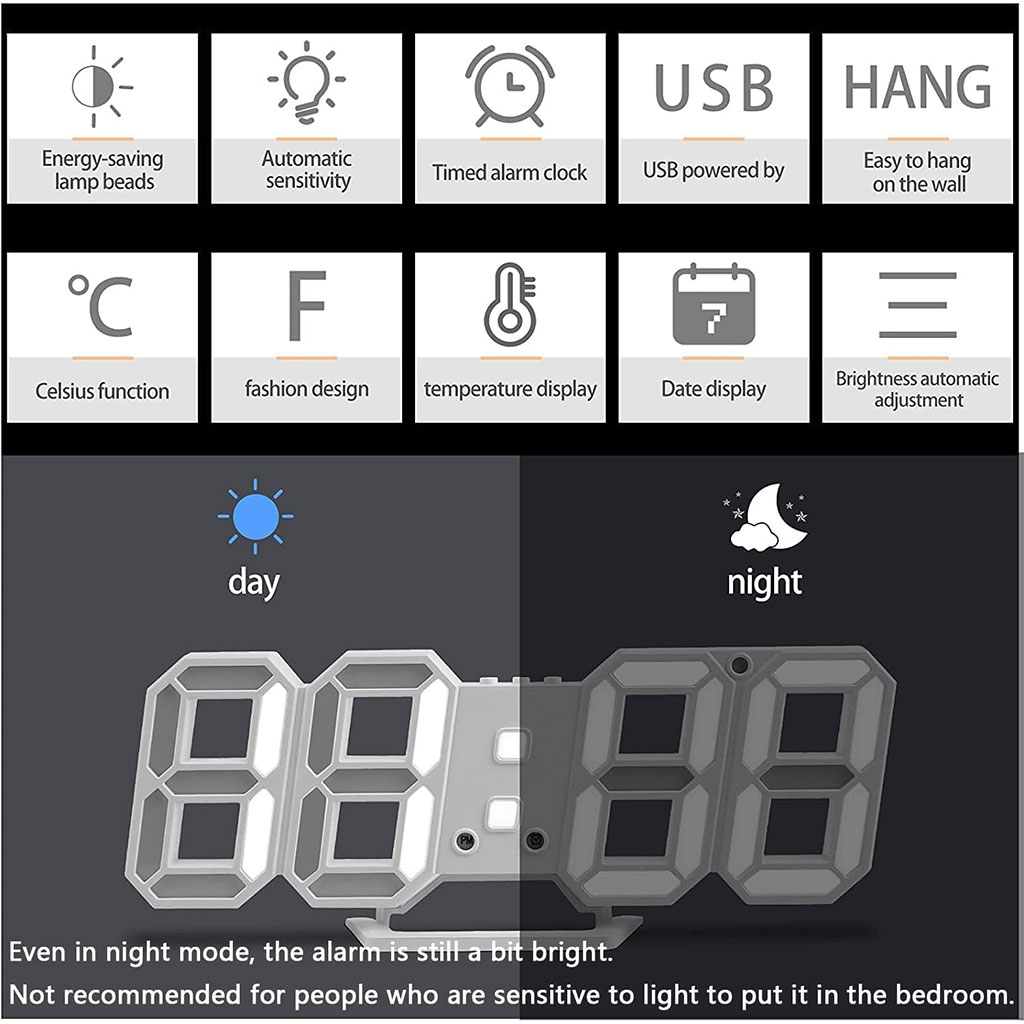 Horloge Murale numérique LED Blanche 3D GH0720L – ساعة رقمية تصميم ثلاثي الأبعاد - Électronique - صورة 7