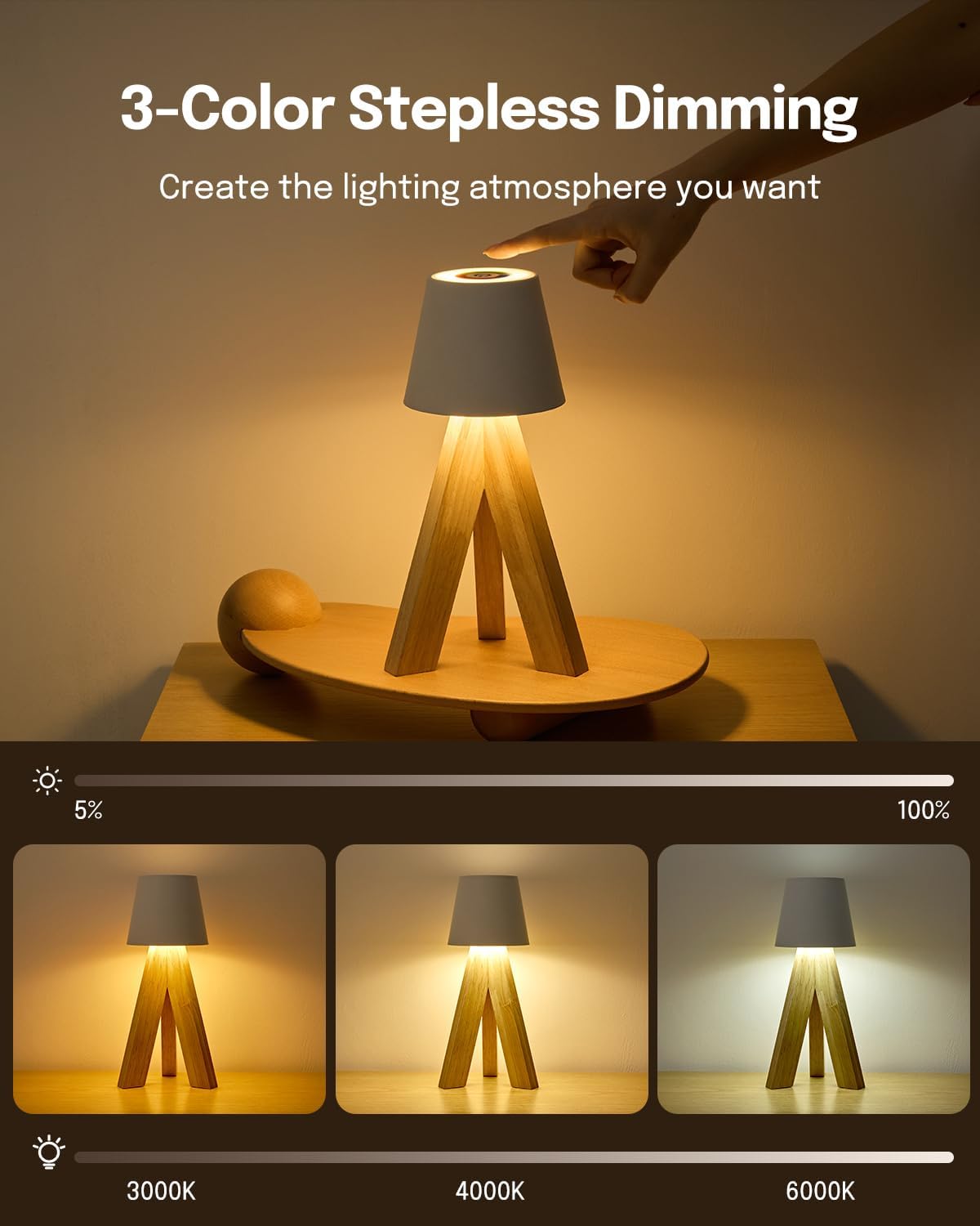 Lampe de Table LED Décorative en Bois, Rechargeable et Tactile — مصباح طاولة خشبي ديكوري قابل للشحن بالتحكم باللمس - Décoration - صورة 9