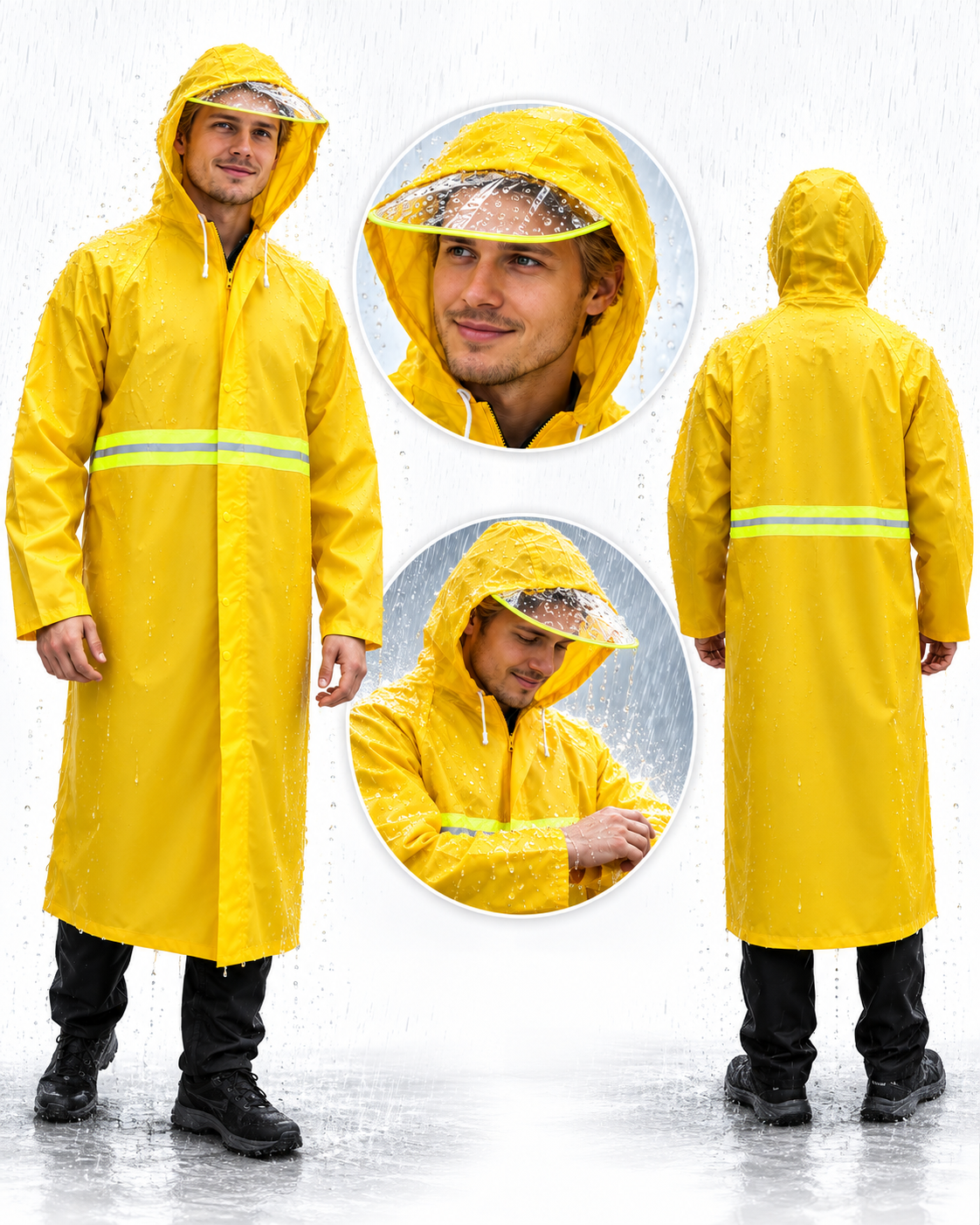 Imperméable Long Jaune avec Capuche Transparente et Bandes Réfléchissantes - معطف مطر طويل بقبعة شفافة وعواكس ضوئية