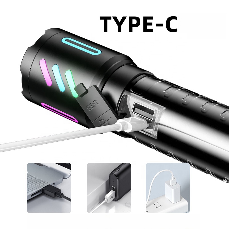 Lampe Torche Tactique LED Rechargeable USB-C - مصباح يدوي تكتيكي فائق السطوع (1000 لومين) مع إضاءة جانبية - Camping et Randonnée - صورة 12