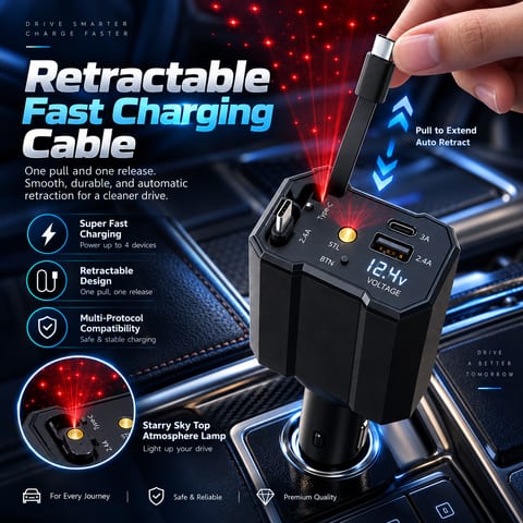 Chargeur 120W 5 en 1 avec Câbles Rétractables Ports USB,Type-C et Veilleuse Ciel Étoilé - شاحن سيارة سريع 120 واط متعدد المنافذ مع إضاءة سقف نجوم