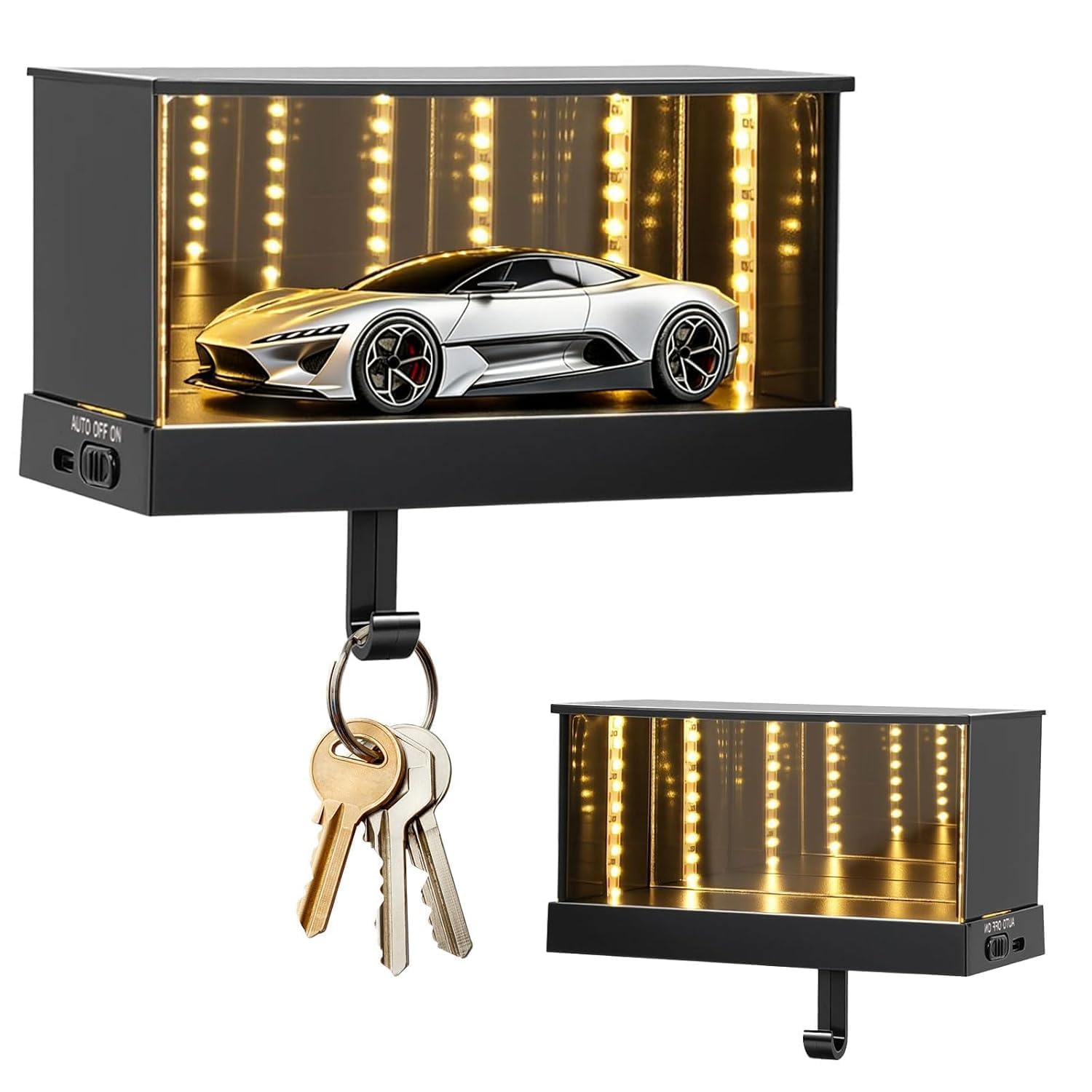 Infinity Mirror LED Garage avec Porte-Clés et Détecteur de Mouvement - صندوق مرآة لا نهائية بإضاءة وحامل مفاتيح ذكي (بدون سيارة)