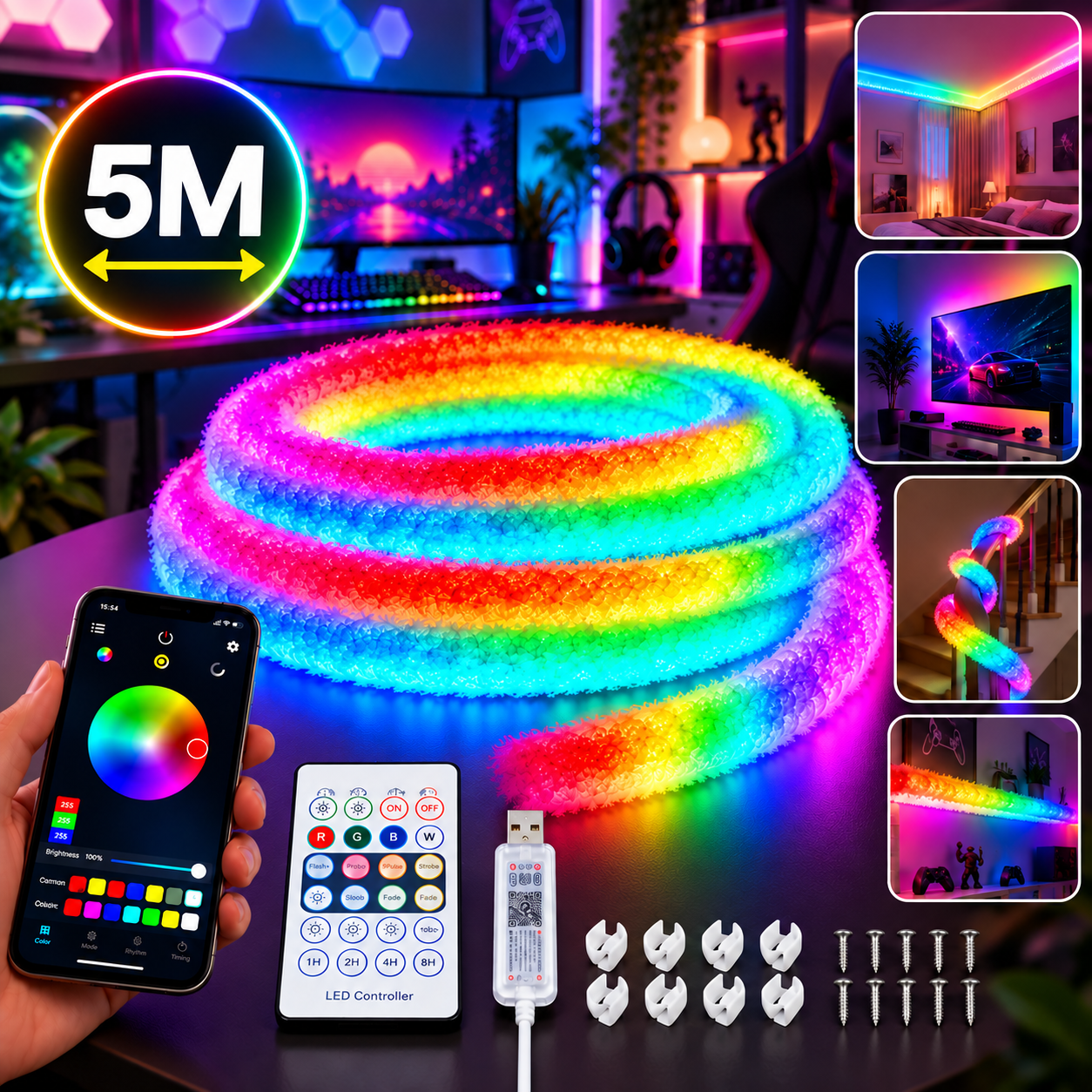 Bande LED RGBIC Intelligente Fluffy Light 360° USB App Control 5M - شريط إضاءة ليد ذكي إضاءة محيطية 360 درجة