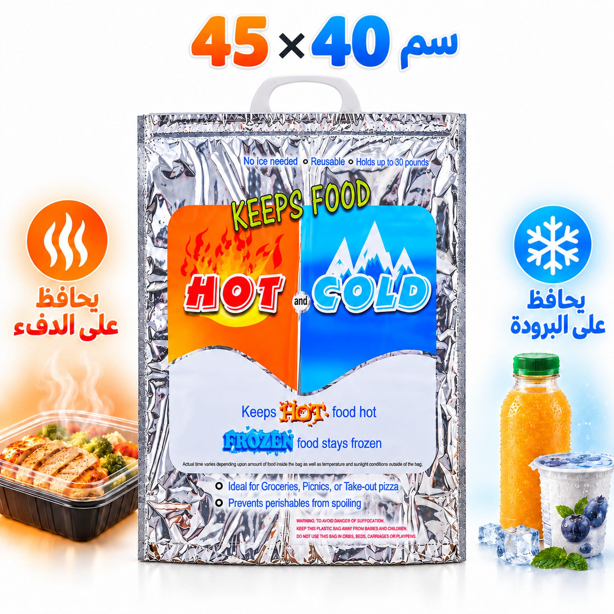 جهّز مشترياتك ووجبات النزهة في حقيبة بمقاس واسع 50×50 سم. تساعد على الاحتفاظ بحرارة الأطعمة أو برودتها أثناء النقل، وتوفر مساحة أكبر من النسختين الأصغر لترتيب العبوات.  المميزات التقنية والعملية الفائقة للمنتج  عزل للأطعمة الساخنة والباردة: يساعد على إبطاء فقدان الدفء أو اكتساب الحرارة أثناء التنقل.  مقاس كبير 50×50 سم: مساحة مناسبة لحمل عدة عبوات وأغراض غذائية، حسب حجمها.  عملية للنزهات والمشتريات العائلية: تسهّل جمع الأطعمة المعبأة في حقيبة واحدة أثناء الخرجات والتسوق.  مقبض علوي للحمل: تصميم يسمح بإمساك الحقيبة ونقلها بسهولة.  إغلاق علوي بالضغط: يساعد على إبقاء المحتويات داخل الحقيبة أثناء حملها.  قابلة للطي وإعادة الاستخدام: يمكن تخزينها بعد إفراغها واستعمالها مجددًا.  المواصفات التقنية  نوع المنتج: حقيبة عازلة للحرارة والبرودة.  الأبعاد: 50×50 سم.  المظهر الخارجي: فضي عاكس مع طباعة الساخن والبارد.  المقبض: بلاستيكي علوي.  الإغلاق: علوي بالضغط.  الاستخدام: التسوق، نقل الوجبات والنزهات.  تفاصيل المنتج Sac Isotherme Chaud et Froid Grand Format 50×50 cm - حقيبة عازلة كبيرة للأطعمة الساخنة والباردة - 1