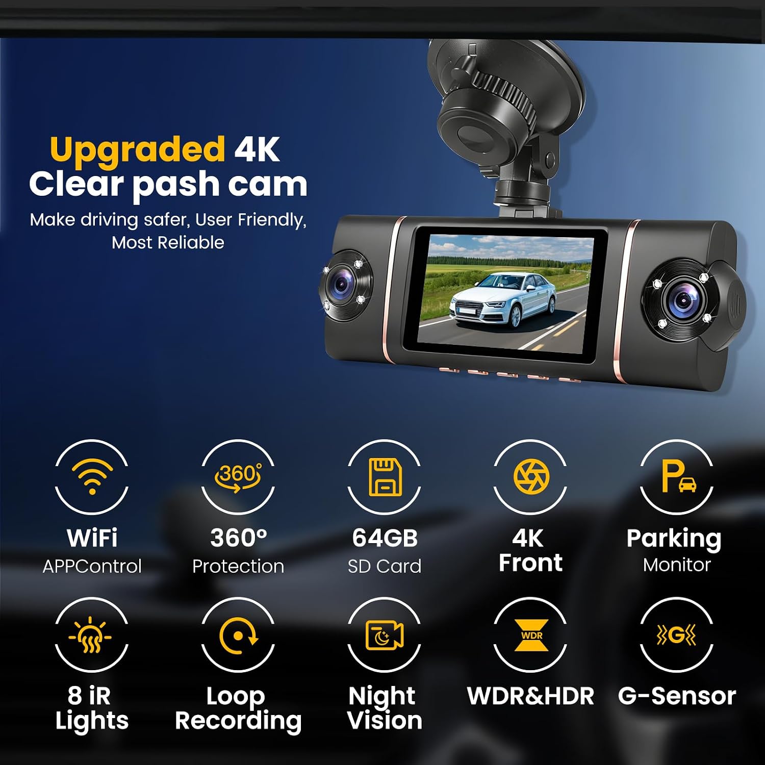 Dash Cam Voiture 4 Caméras 360° WiFi avec Vision Nocturne - كاميرا مراقبة سيارة 4 عدسات بتصوير 360 درجة ورؤية ليلية