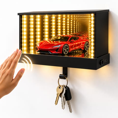 Infinity Mirror LED Garage avec Porte-Clés et Détecteur de Mouvement - صندوق مرآة لا نهائية بإضاءة وحامل مفاتيح ذكي (بدون سيارة)