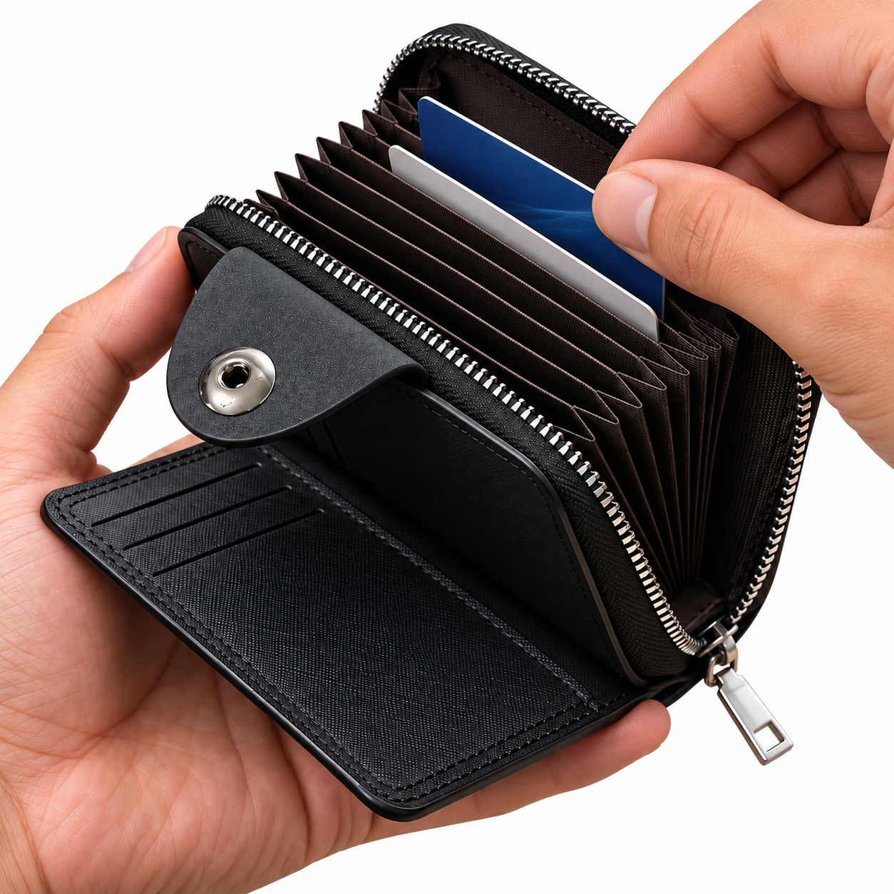 Portefeuille Porte-Cartes Sécurisé Zippé en Simili Cuir Bovi - محفظة وحاملة بطاقات جلدية متعددة الجيوب بسحاب