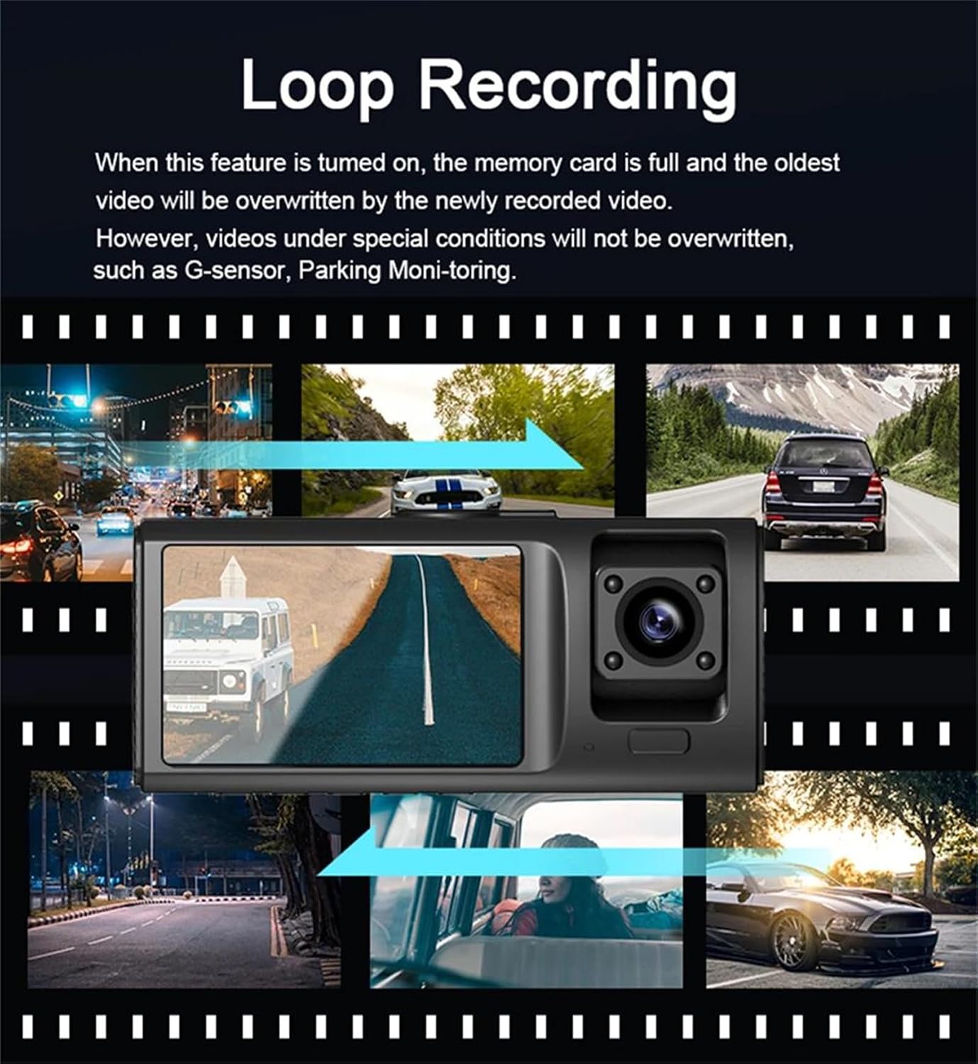 Caméra de Tableau de Bord Triple 3 Canaux et Dashcam Grand Angle - كاميرا سيارة داش كام ثلاثية العدسات للمراقبة الشاملة