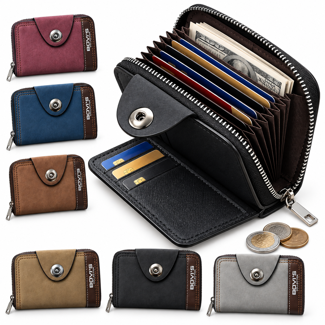 Portefeuille Porte-Cartes Sécurisé Zippé en Simili Cuir Bovi - محفظة وحاملة بطاقات جلدية متعددة الجيوب بسحاب
