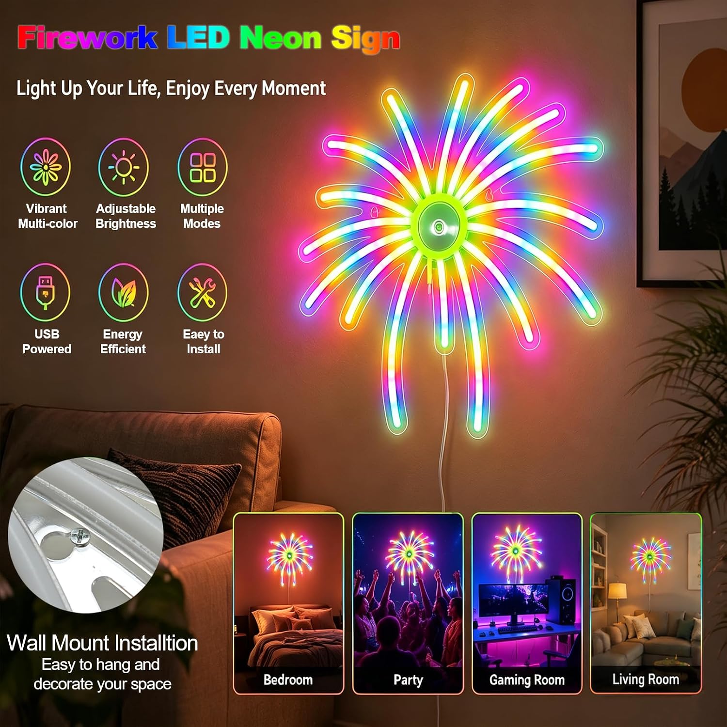 Décoration Murale Néon LED RGB Effet Feu d’Artifice —Contrôle par Application et Télécommande - لوحة نيون LED بألوان RGB تحكم بالتطبيق والريموت - Électronique - صورة 8
