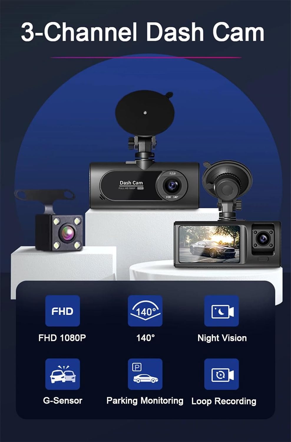 Caméra de Tableau de Bord Triple 3 Canaux et Dashcam Grand Angle - كاميرا سيارة داش كام ثلاثية العدسات للمراقبة الشاملة