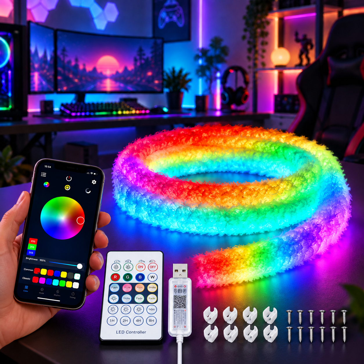 Bande LED RGBIC Intelligente Fluffy Light 360° USB App Control - شريط إضاءة ليد ذكي إضاءة محيطية 360 درجة