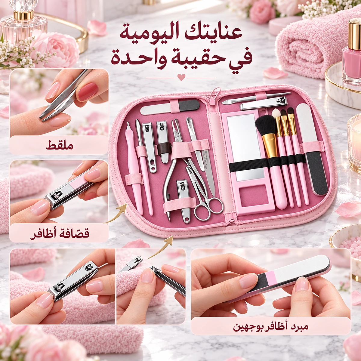 Kit de Manucure, Pédicure et Maquillage 18 Pièces avec Pochette et Miroir - طقم العناية بالأظافر والمكياج 18 قطعة مع حقيبة ومرآة