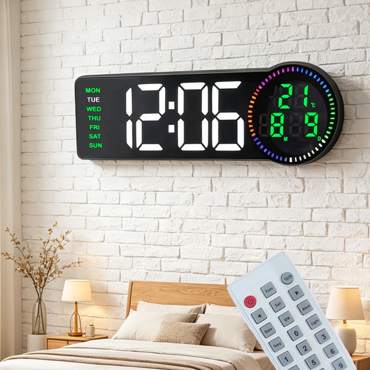 Horloge Murale Numérique LED RGB avec Télécommande et Calendrier 6688 - ساعة حائط رقمية ذكية إضاءة مع منبه ودرجة حرارة - Électronique - صورة 11