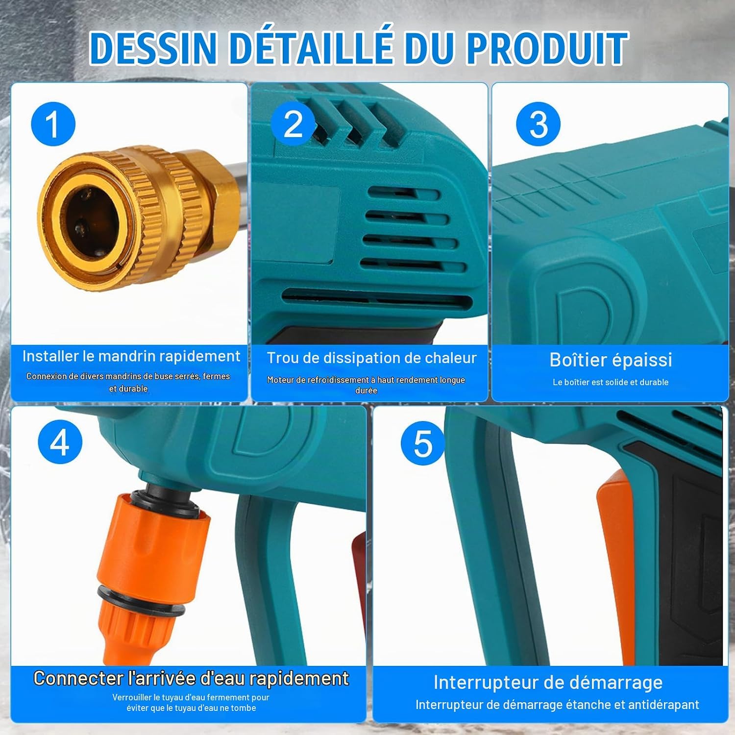Nettoyeur Haute Pression Sans Fil 30 Bar et Pistolet de Lavage Auto et Deux Batteries - جهاز غسيل ضغط عالي لاسلكي 30 بار مع بطاريتين - Outillage et Bricolage - صورة 7