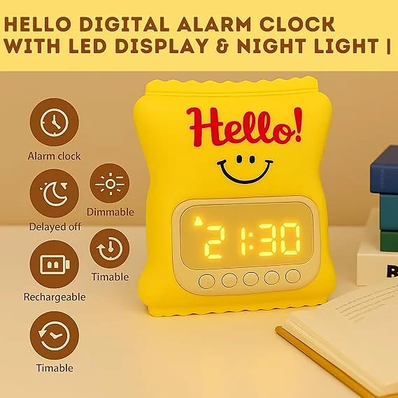 Réveil Numérique LED avec Veilleuse en Silicone « Hello » – ساعة منبّه رقمية مع إضاءة ليلية من السيليكون بتصميم «Hello»