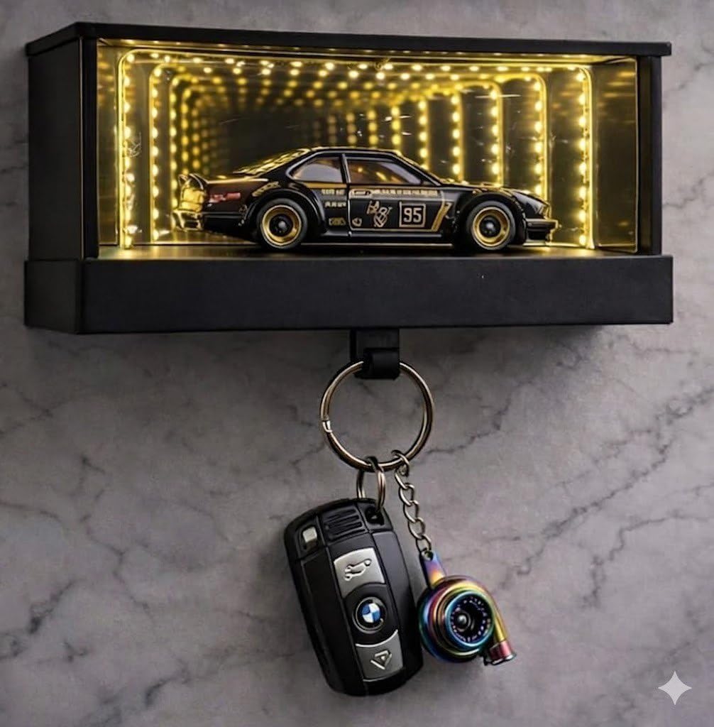 Infinity Mirror LED Garage avec Porte-Clés et Détecteur de Mouvement - صندوق مرآة لا نهائية بإضاءة وحامل مفاتيح ذكي (بدون سيارة)