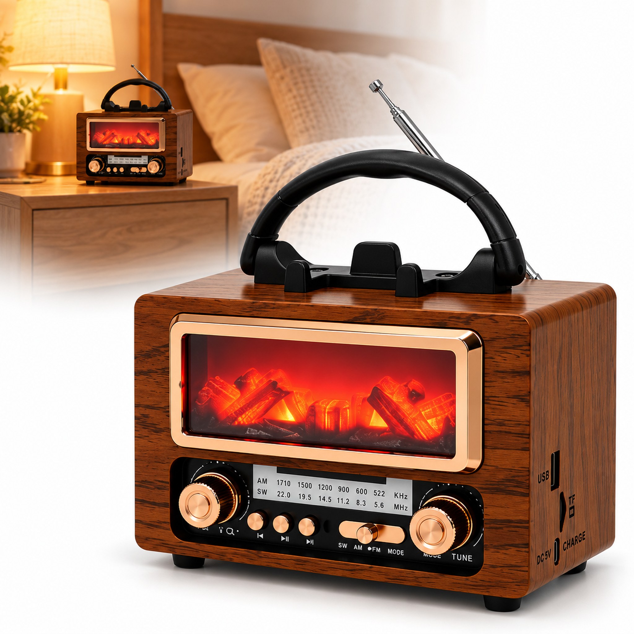 Radio Rétro Bluetooth NS-901BT avec Effet Braises Lumineuses - راديو كلاسيكي بلوتوث بإضاءة الجمر الزخرفية