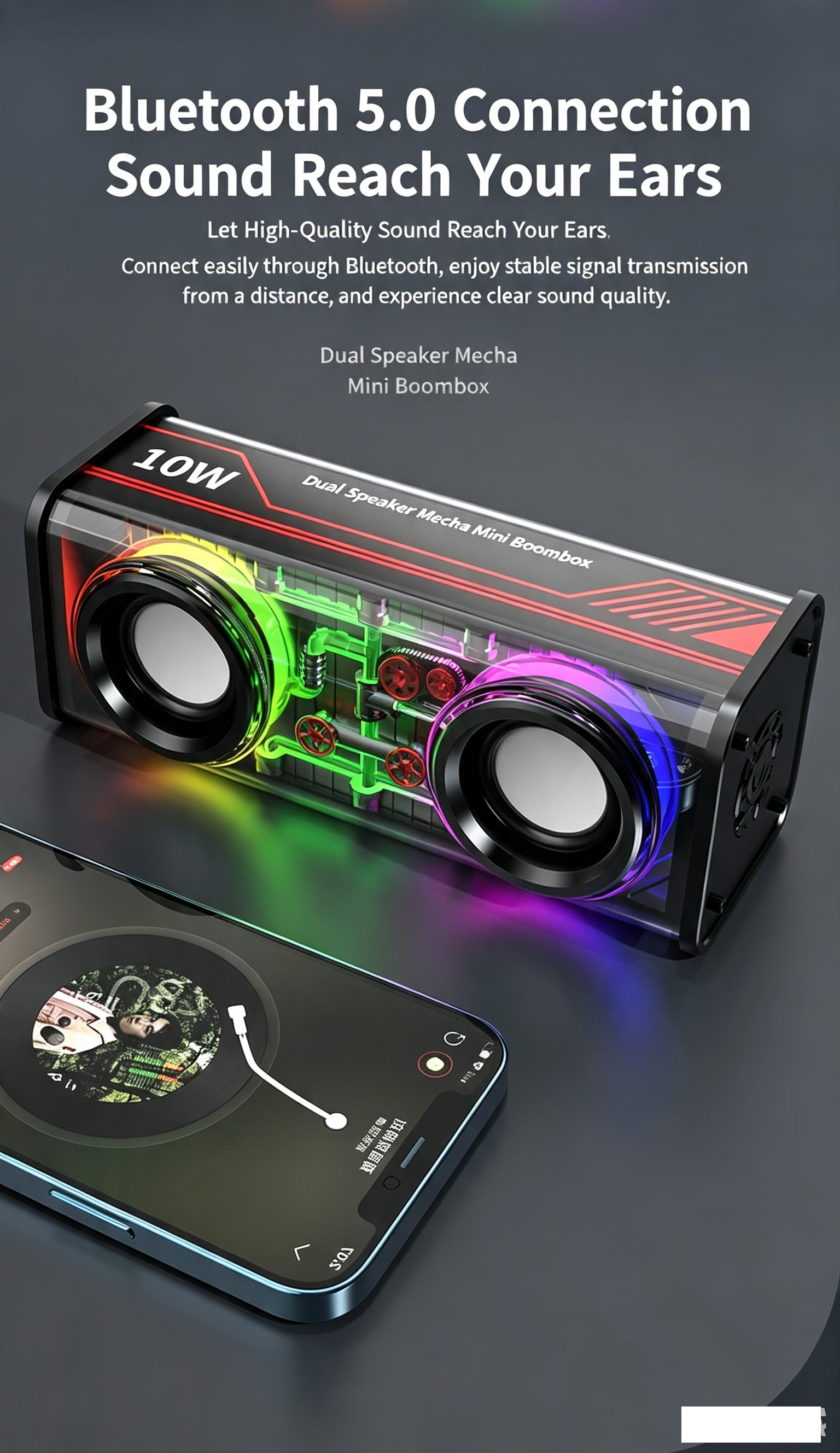 Haut-Parleur Bluetooth 5.3 Lumineux avec Boîtier Transparent - مكبر صوت بلوتوث لاسلكي شفاف مع إضاءة ملونة وسماعات مضاعفة