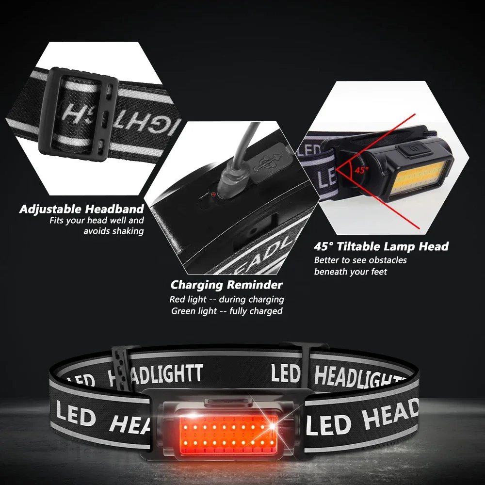 Lampe Frontale LED Rechargeable USB avec Inclinaison et Bandeau Réglables - مصباح رأس قابل للشحن بقوة 1000 لومن