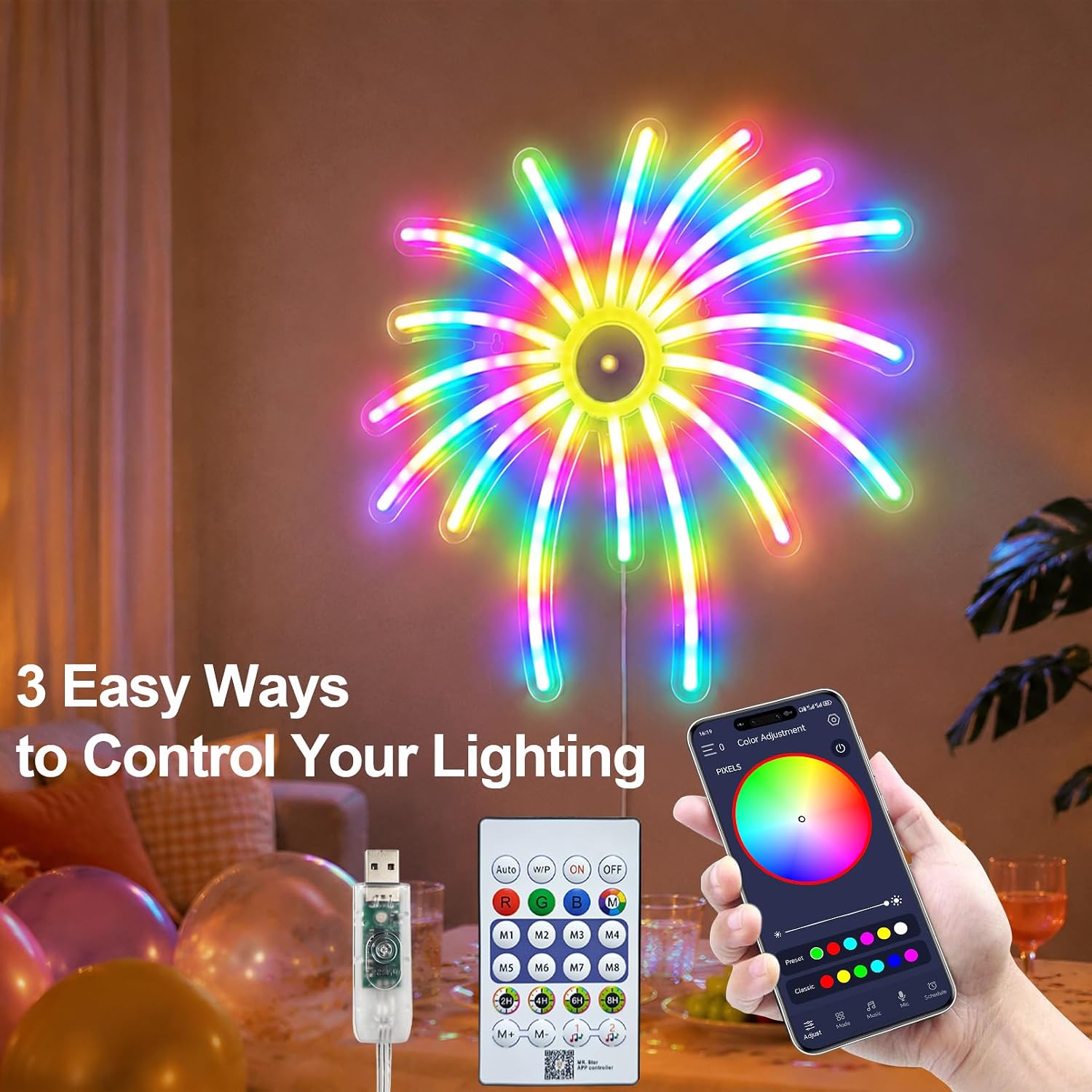 Décoration Murale Néon LED RGB Effet Feu d’Artifice —Contrôle par Application et Télécommande - لوحة نيون LED بألوان RGB تحكم بالتطبيق والريموت