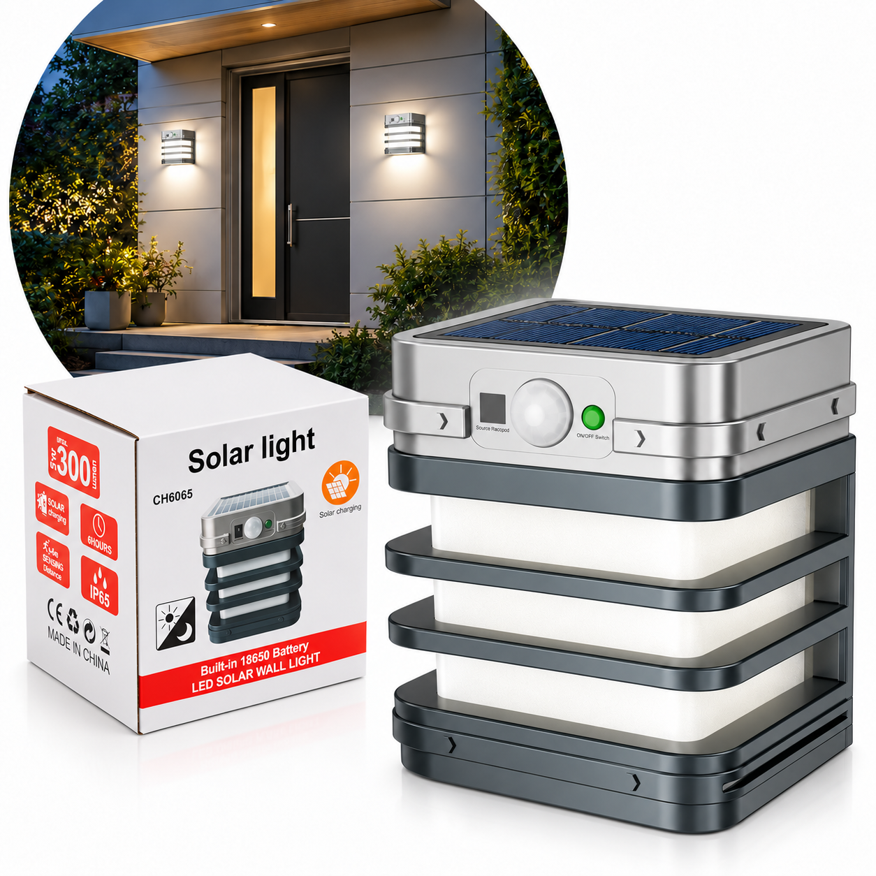 Lampe Applique Murale Solaire Intelligente à LED - مصباح حائط شمسي ذكي مقاوم للماء